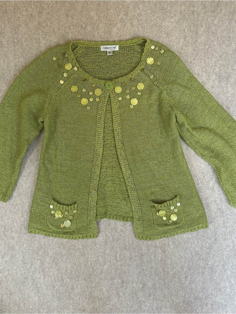 Coldwater Creek Olive Green Sequin-Accent Open Knit Cardigan